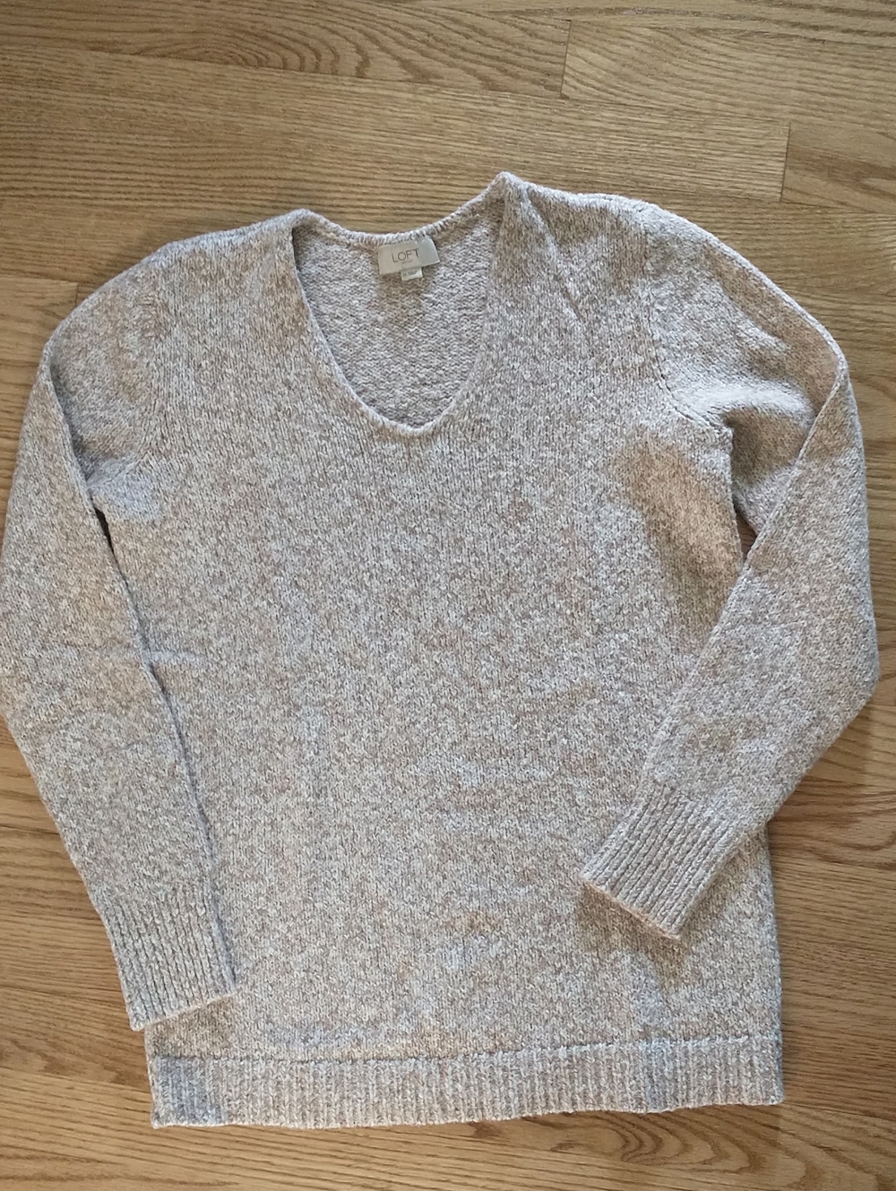 LOFT Cotton Acrylic Blend Beige Cream Neutral Melange V-neck Sweater Medium